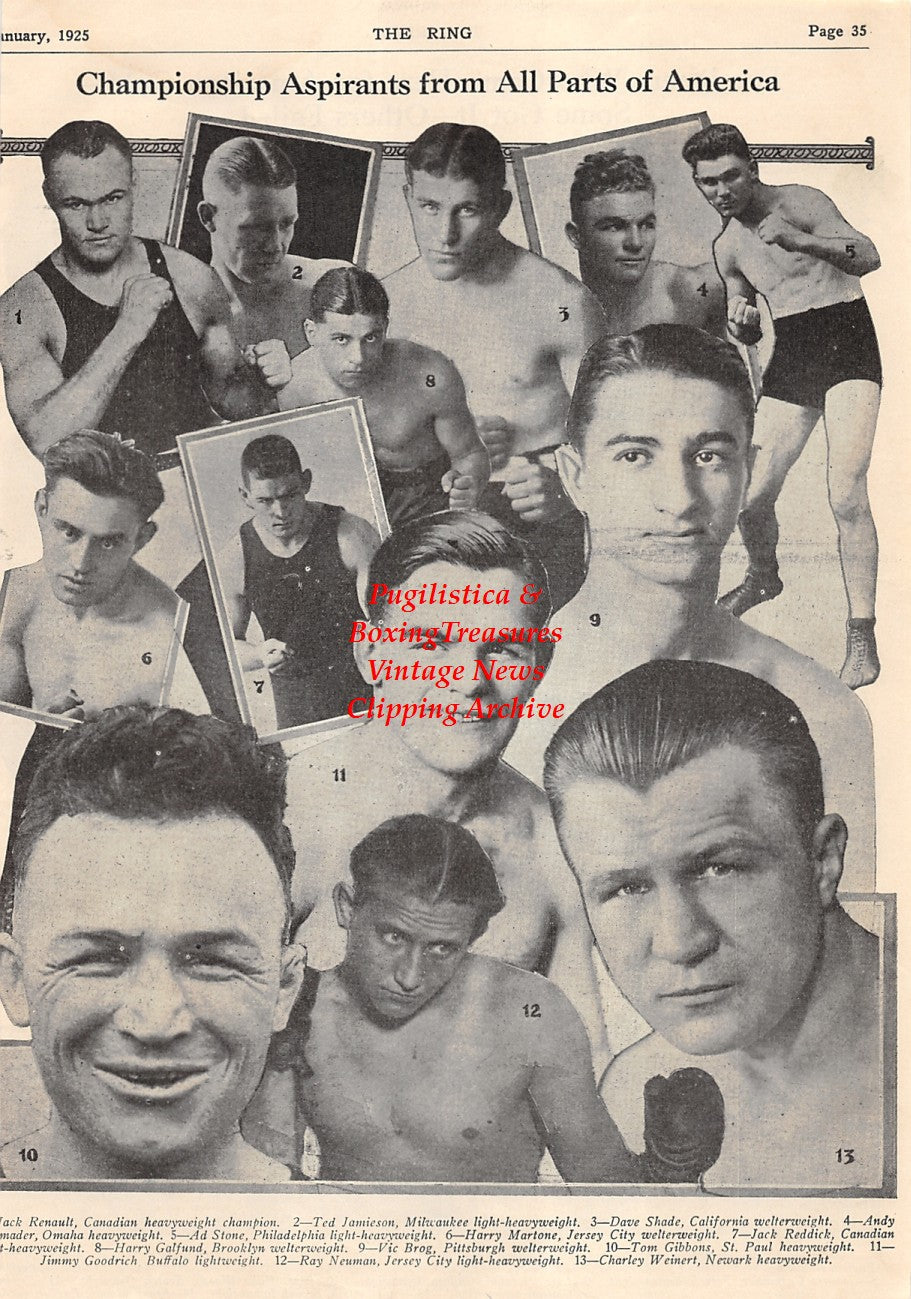 Boxing News Clipping #1538 - Ted Jamieson, Jack Renault, Dave Shade, Ad Stone, Harry Martone, Jack Reddick, Harry Galfund, Vic Brog, Jimmy Goodrich, Ray Neuman, Charley Weinert, Angel Diaz, Mick McAdams, Ted Moore, Roland Todd, Erminio Spalla and others