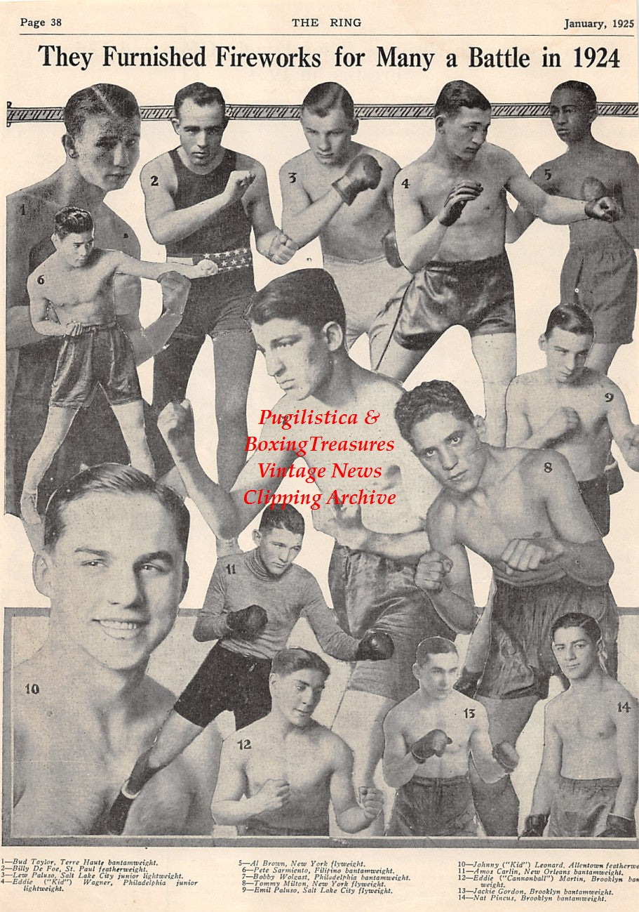Boxing News Clipping #1539 - Anthony Downey, Jock Malone, Young Dencio, Jack Delaney, Ray Miller, Basil Galiano, Jimmy Finley, Ed Garvey, Martin Burke, Mike Chicago, Phil McGraw, Bud Taylor, Lew Paluso, Kid Wagner, Pete Sarmiento, Emil Paluso and Others