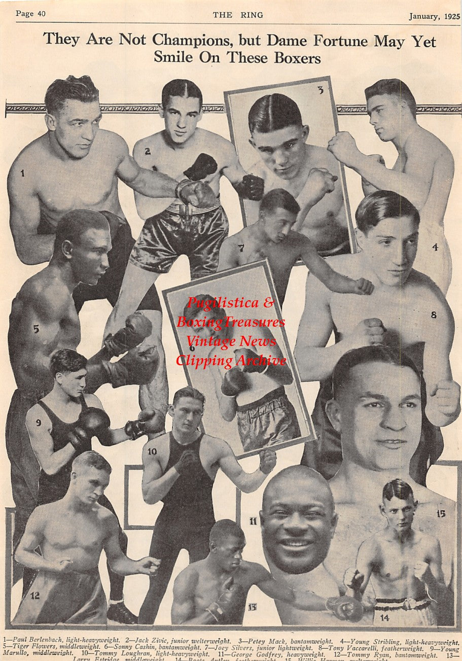 Boxing News Clipping #1540- Charley O'Connell, Charlie Phil Rosenberg, Frankie Murray, Joe Cline, Red Chapman, Solly Seaman, Joe Glick, Johnny Curtin, Johnny Kochansky, Jack Zivic, Petey Mack, Tiger Flowers, George Godfrey, Toots Antley and many others