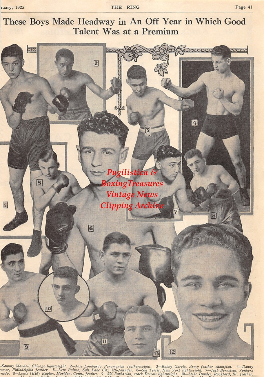 Boxing News Clipping #1541 - Sammy Mandell, Jose Lombardo, Bobby Garcia, Danny Kramer, Lew Paluso, Sid Terris, Jack Bernstein, Louis Kid Kaplan, Sid Barbarian, Mike Dundee, Archie Walker, Eddie Shea, Paul Gulotta, Jimmy Slattery