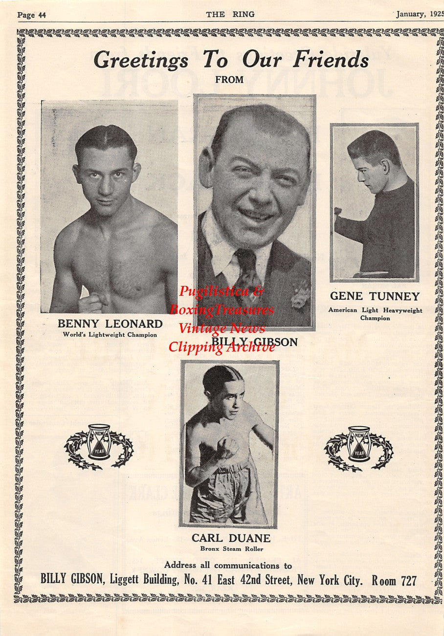 Boxing News Clipping #1542 - Benny Leonard, Billy Gibson, Gene Tunney, Carl Duane, Pal Moran, Petey Mack, Jimmy Russo