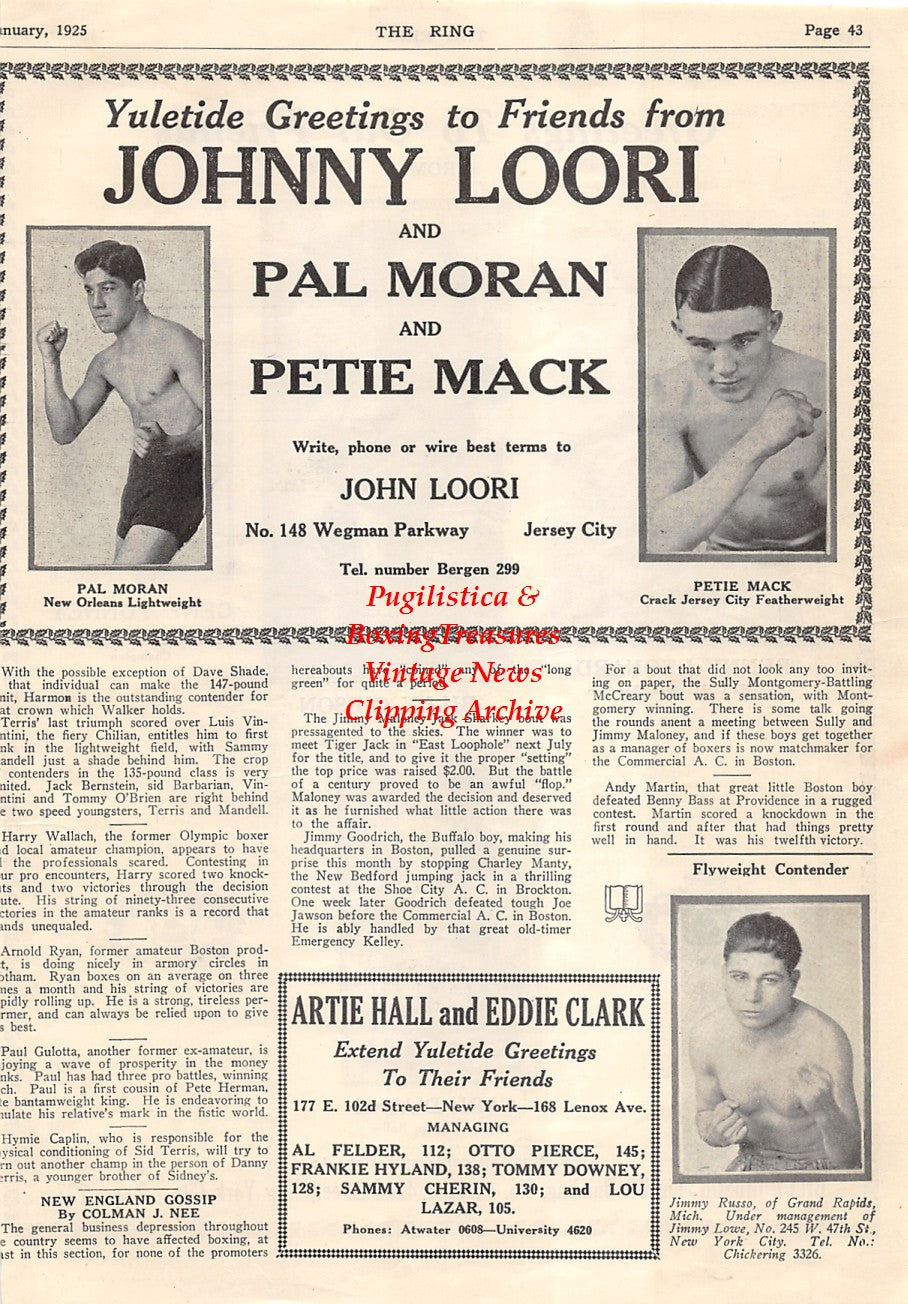 Boxing News Clipping #1542 - Benny Leonard, Billy Gibson, Gene Tunney, Carl Duane, Pal Moran, Petey Mack, Jimmy Russo