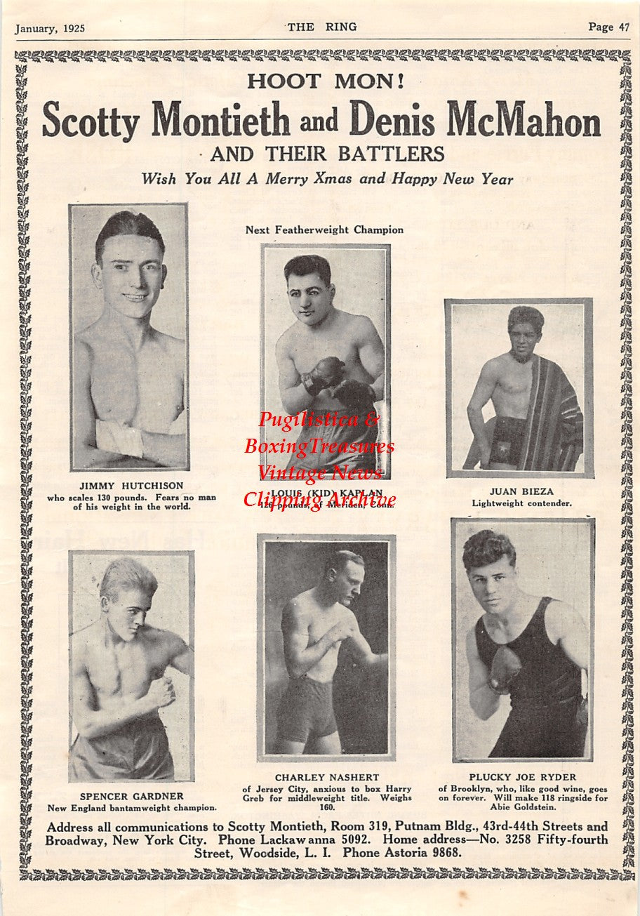 Boxing News Clipping #1544 - Jimmy Hutchison, Louis Kid Kaplan, Juan Bieza, Spencer Gardner, Charley Nashert, Joe Ryder