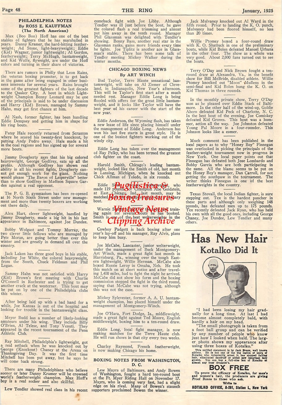 Boxing News Clipping #1544 - Jimmy Hutchison, Louis Kid Kaplan, Juan Bieza, Spencer Gardner, Charley Nashert, Joe Ryder