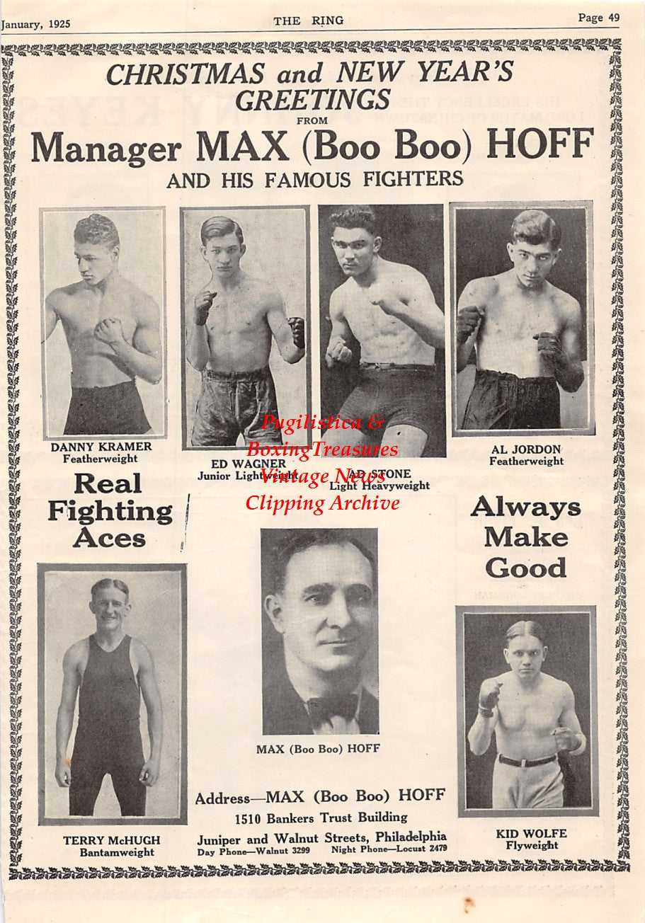 Boxing News Clipping #1545 - Danny Kramer, Eddie Wagner, Ad Stone, Al Jordan, Terry McHugh, Max Boo Boo Hoff, Kid Wolfe, Tommy Milton, Joe Scogni, Abraham Moses, Buck Joseph, Terry Martin, Leo P. Flynn