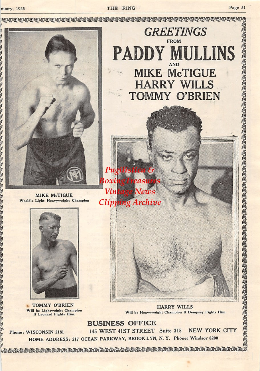 Boxing News Clipping #1546 - Mickey Walker, Harry Wills, Tommy O'Brien, Mike McTigue