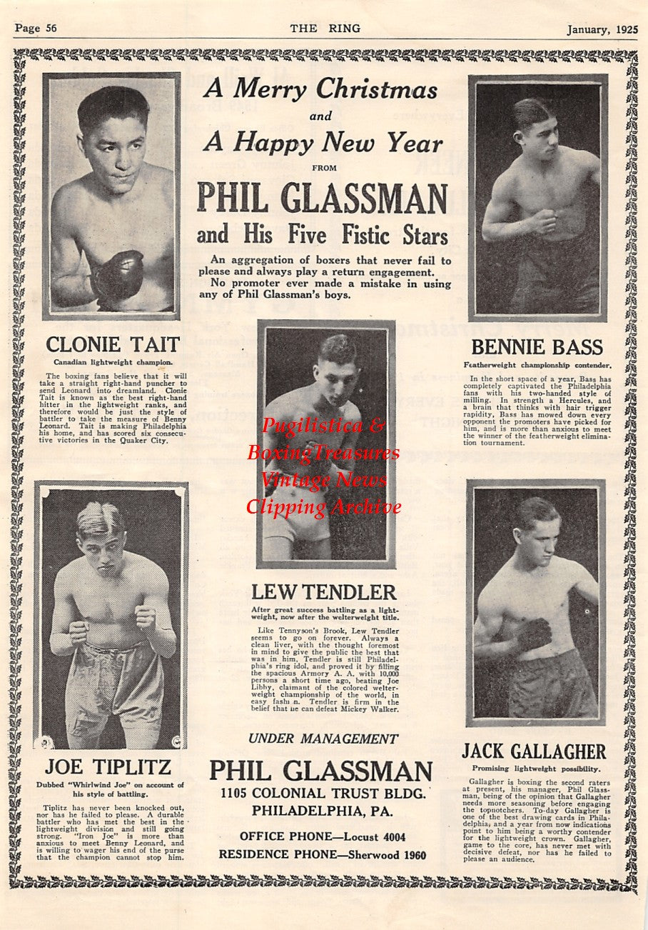 Boxing News Clipping #1548 - Clonie Tait, Joe Tiplitz, Lew Tendler, Benny Bass, Jack Gallagher,