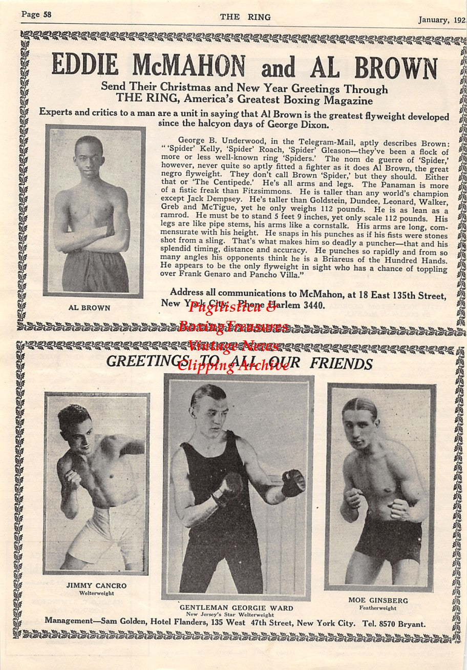 Boxing News Clipping #1549 - Panama Al Brown, Jimmy Cancro, Gentleman Georgie Ward, Moe Ginsberg, Eddie Brady, Chick Wergeles, Joey Dorando, Paul Gulotta