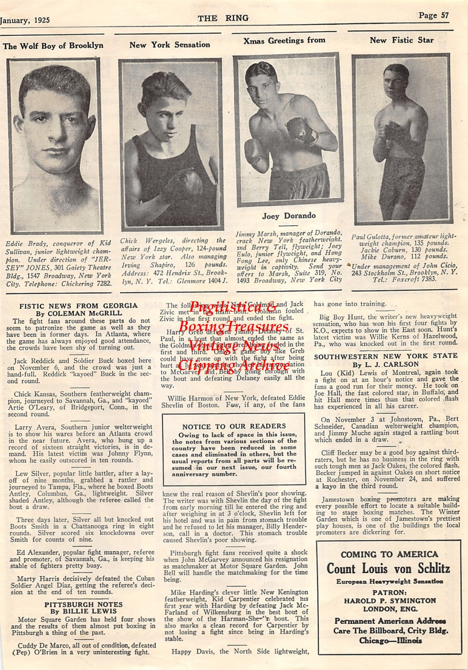 Boxing News Clipping #1549 - Panama Al Brown, Jimmy Cancro, Gentleman Georgie Ward, Moe Ginsberg, Eddie Brady, Chick Wergeles, Joey Dorando, Paul Gulotta