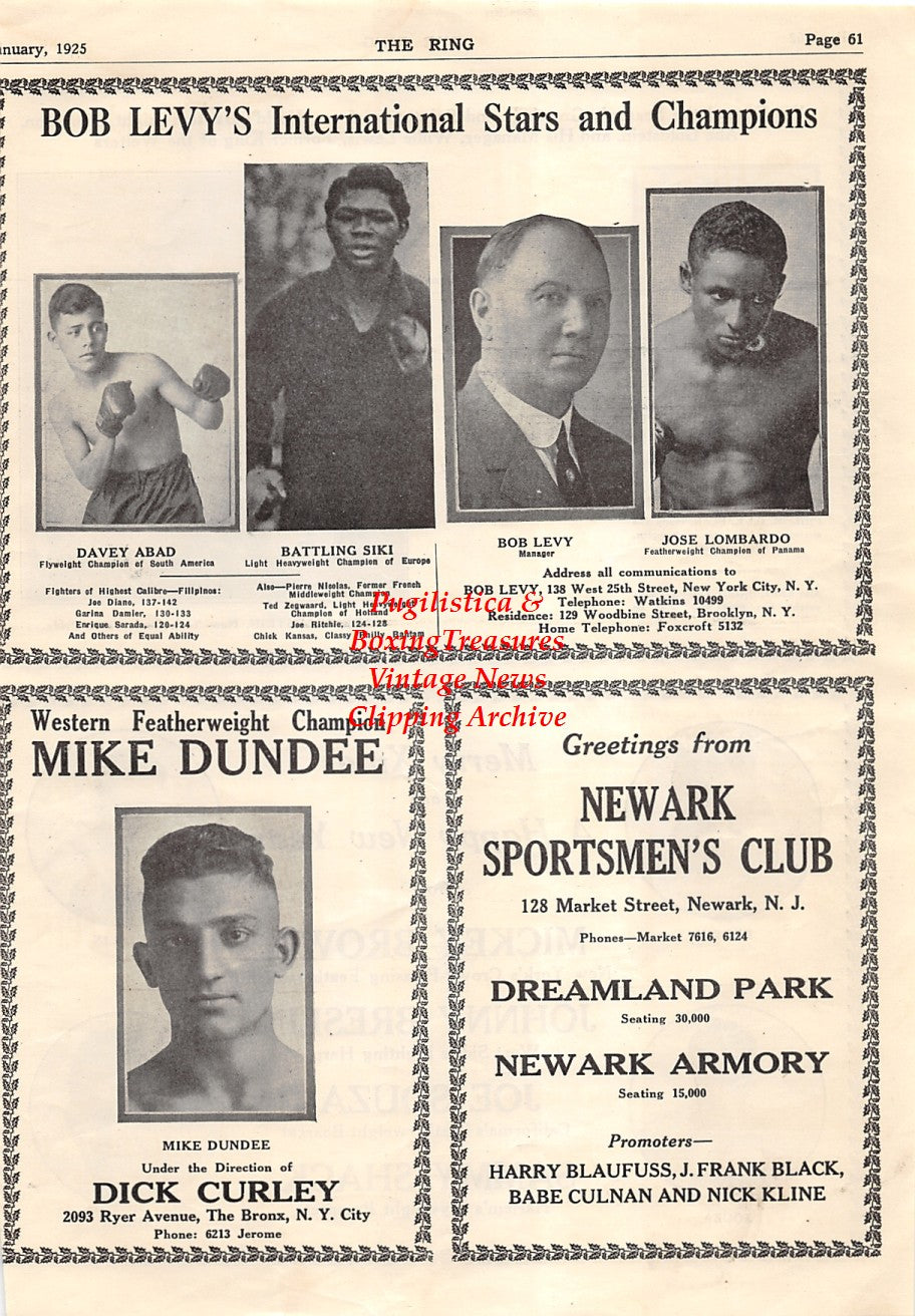 Boxing News Clipping #1551 - Davey Abad, Battling Siki, Bob Levy, Jose Lombardo, Mike Dundee, K.O. Kaplan, Abe Goldstein, Mickey Brown, Johnny Breslin, Joe Souza, Sammy Shack