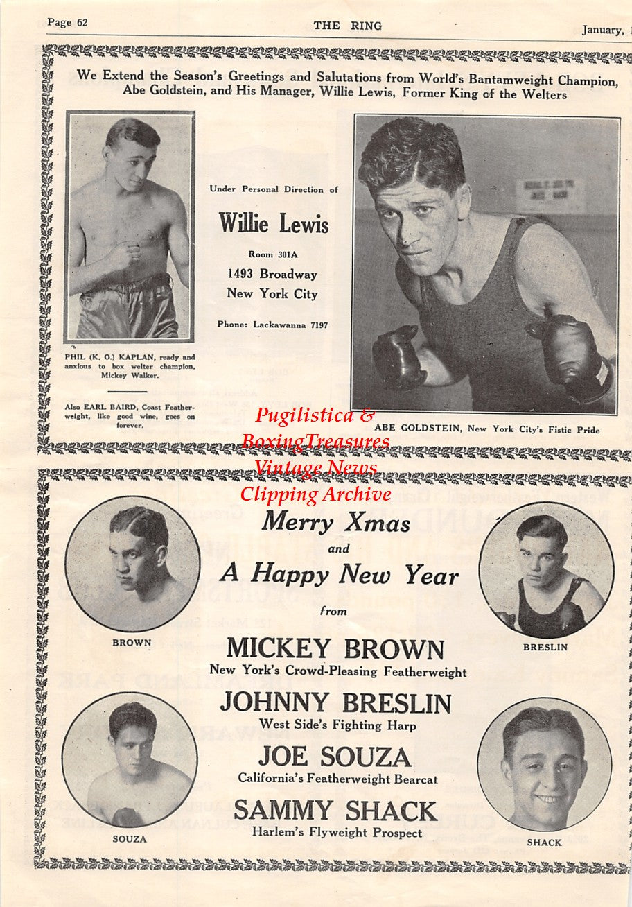 Boxing News Clipping #1551 - Davey Abad, Battling Siki, Bob Levy, Jose Lombardo, Mike Dundee, K.O. Kaplan, Abe Goldstein, Mickey Brown, Johnny Breslin, Joe Souza, Sammy Shack