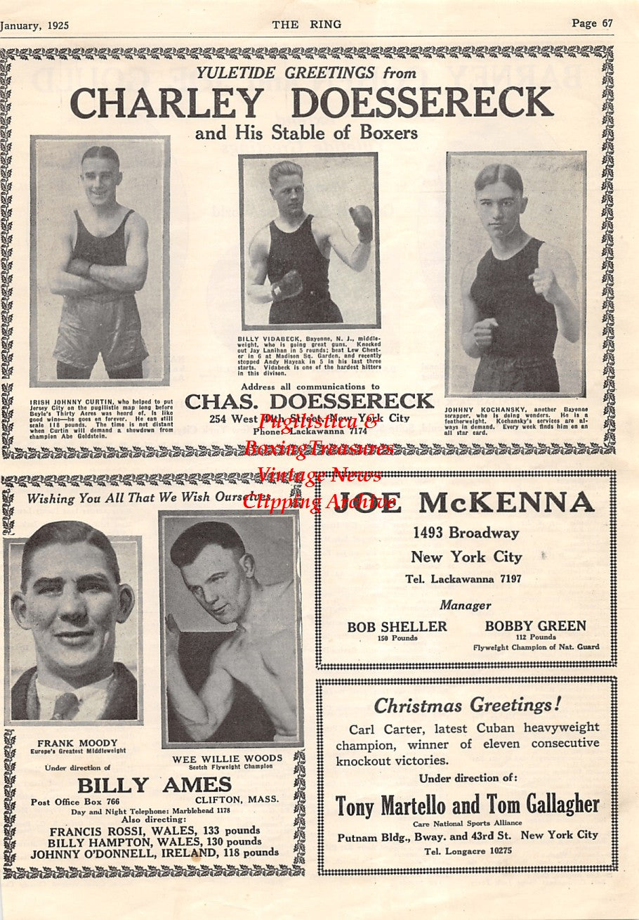 Boxing News Clipping #1554 - Johnny Curtin, Billy Vidabeck, Johnny Kochansky, Frank Moody, Wee Willie Woods, Harry Galfund, Barney Cohen, Joe Gould, Nat Pincus
