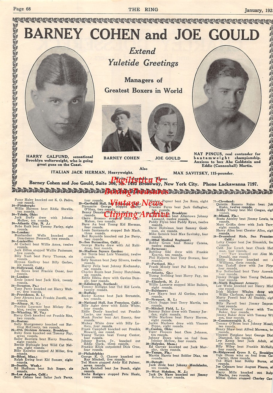 Boxing News Clipping #1554 - Johnny Curtin, Billy Vidabeck, Johnny Kochansky, Frank Moody, Wee Willie Woods, Harry Galfund, Barney Cohen, Joe Gould, Nat Pincus