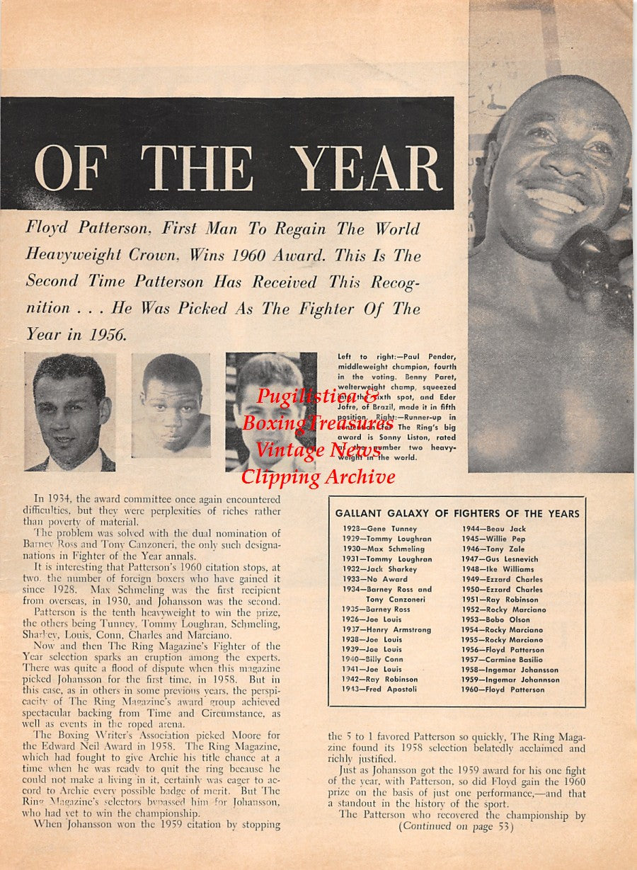 Boxing News Clipping #1583 - Jose Becerra, Nat Fleischer, Jimmy Lennon, Paul Pender, Benny Paret, Eder Jofre, Sonny Liston