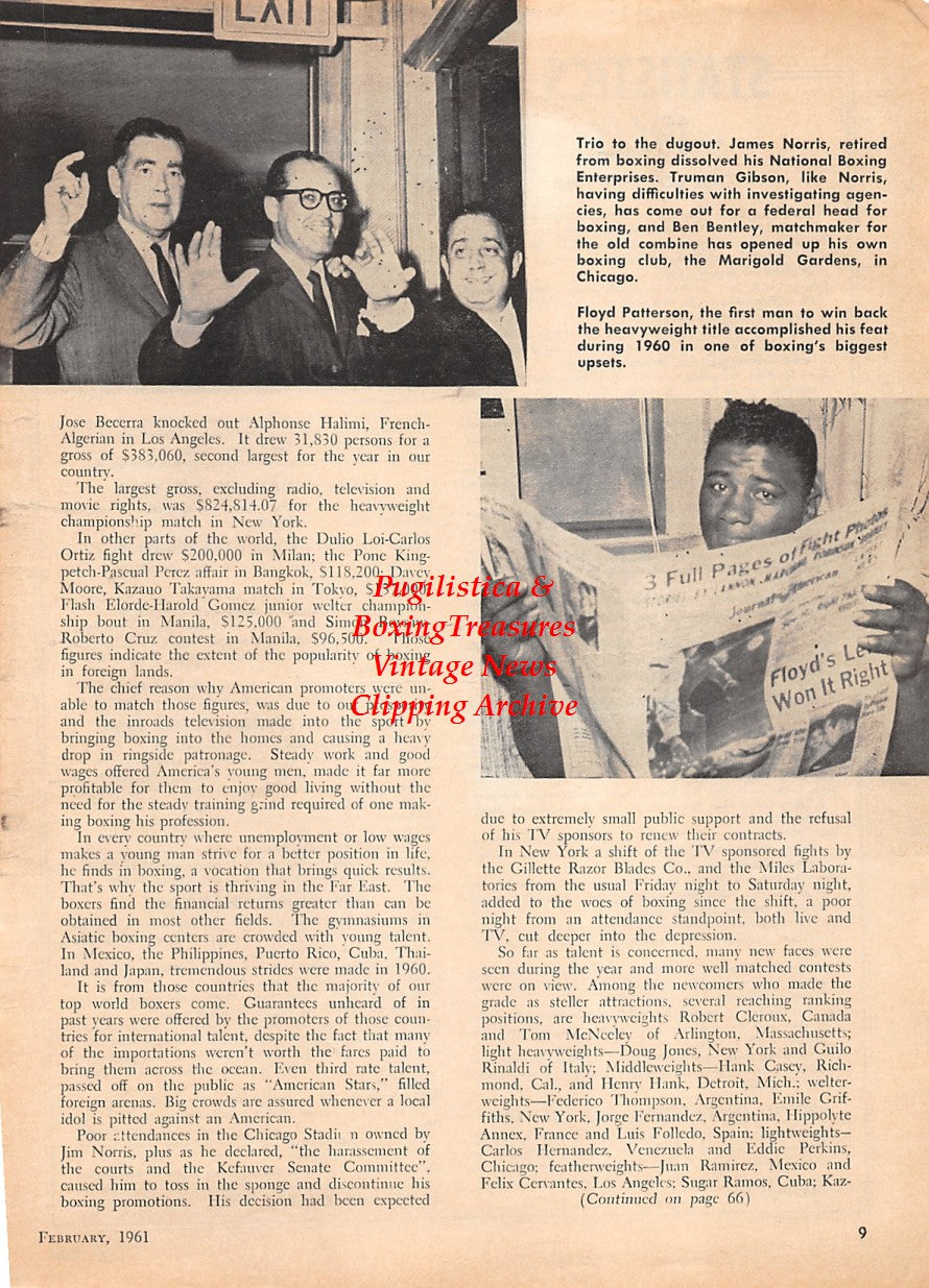 Boxing News Clipping #1584 - James D. Norris, Truman Gibson, Ben Bentley, Floyd Patterson, Statistics for the Year 1960