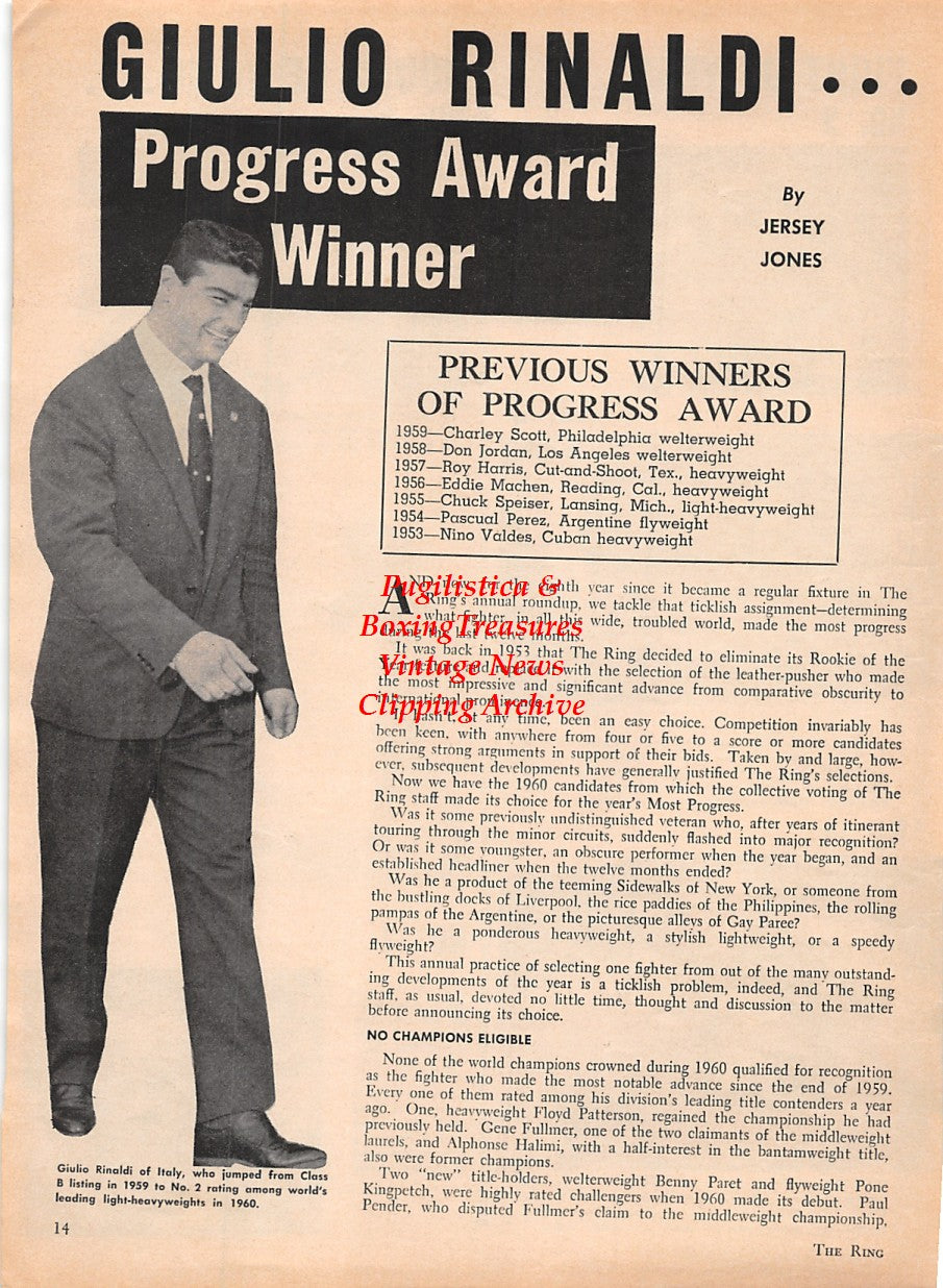 Boxing News Clipping #1586 - Giulio Rinaldi, Benny Paret, Federico Thompson, Alphonse Halimi, Freddie Gilroy, Carlos Ortiz, Battling Torres, Jose Becerra, Sonny Liston, Zora Folley, Eder Jofre, Elroy Sanchez