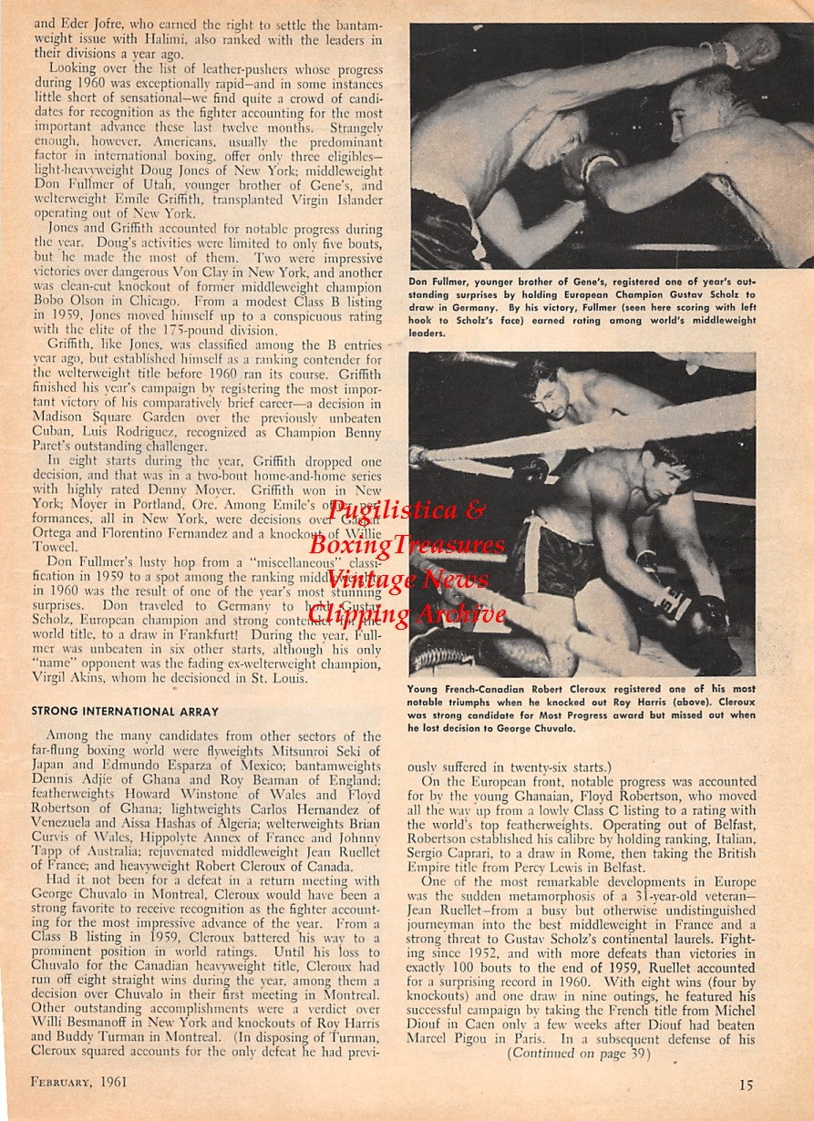 Boxing News Clipping #1587 - Ingemar Johansson, Floyd Patterson, Paul Pender, Gene Fullmer, Don Fullmer, Gustav Scholz, Robert Cleroux, Roy Harris