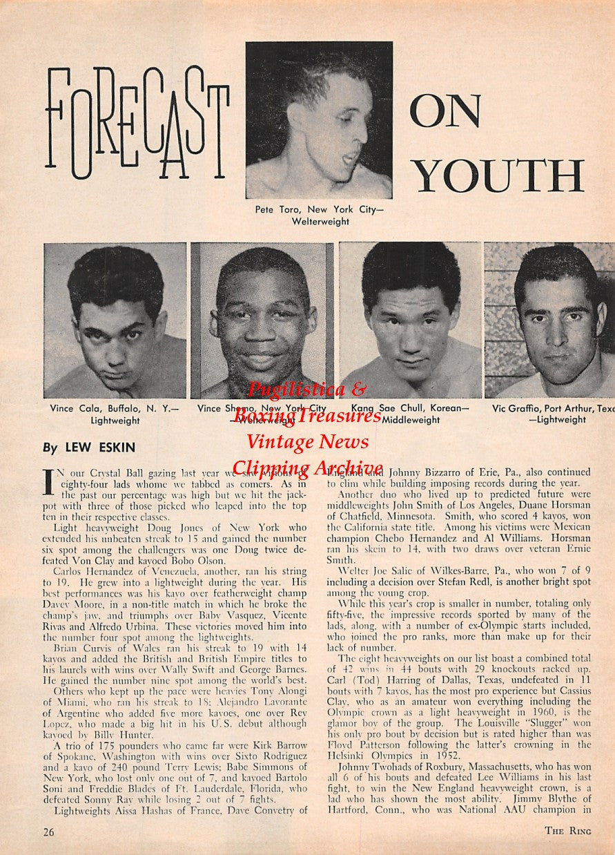 Boxing News Clipping #1592 - Pete Toro, Vince Cala, Vince Shomo, Kang Sae Chull, Vic Graffio, Archie Moore, Giulio Rinaldi, Denny Moyer, Benny Paret, Barney Ross, Flash Elorde, Harold Gomes, Don Jordan, Candy McFarland