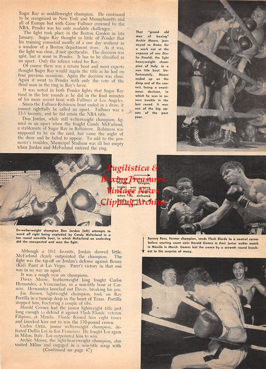 Boxing News Clipping #1592 - Pete Toro, Vince Cala, Vince Shomo, Kang Sae Chull, Vic Graffio, Archie Moore, Giulio Rinaldi, Denny Moyer, Benny Paret, Barney Ross, Flash Elorde, Harold Gomes, Don Jordan, Candy McFarland