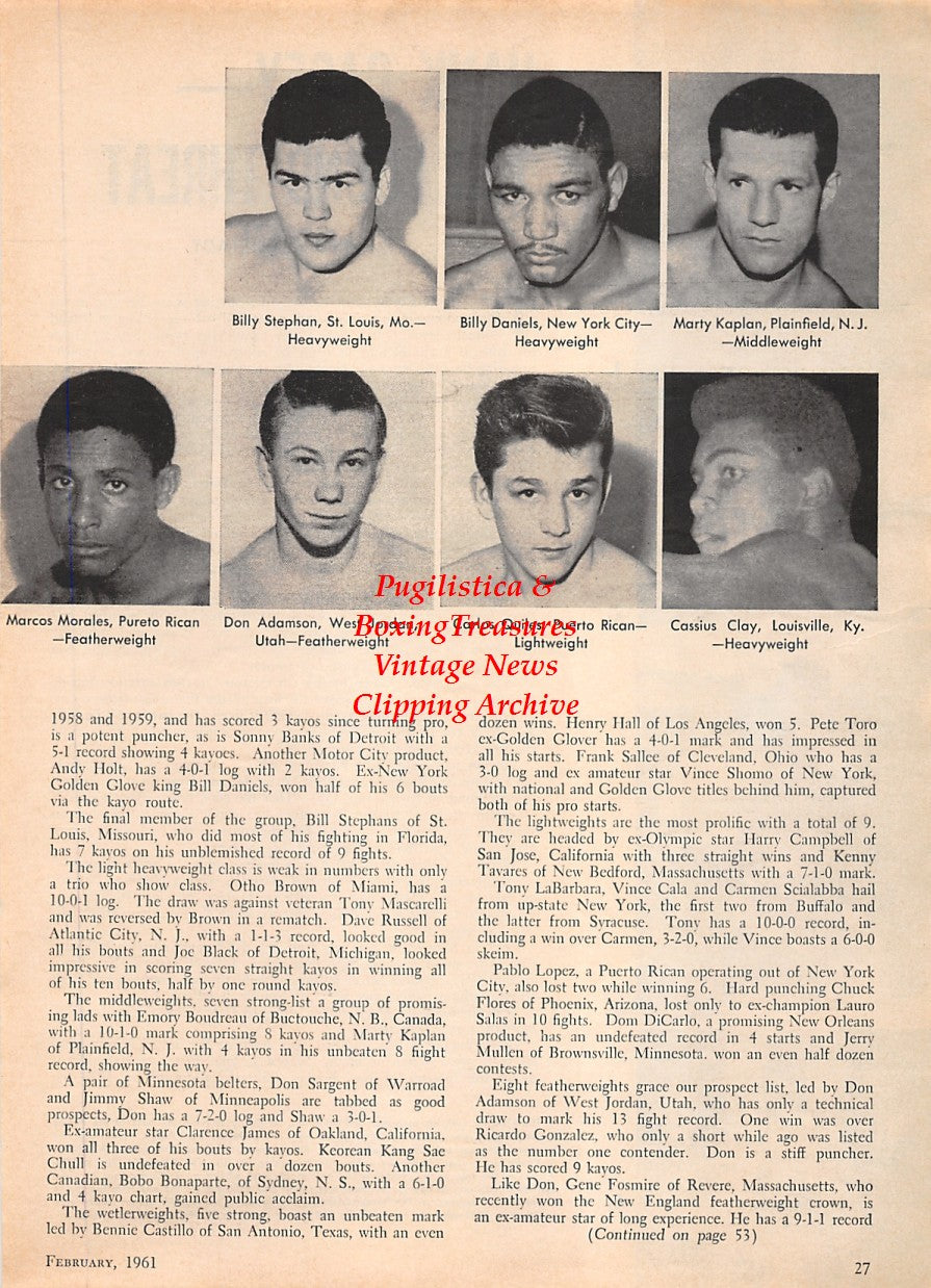 Boxing News Clipping #1593 - Billy Stephan, Billy Daniels, Marty Kaplan, Marcos Morales, Don Adamson, Carlos Quiles, Cassius Clay, Hank Casey
