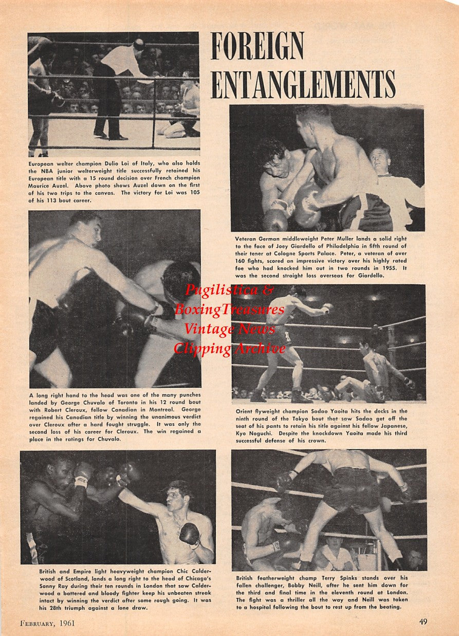 Boxing News Clipping #1599 - Duilio Loi, Maurice Auzel, George Chuvalo, Robert Cleroux, Chic Calderwood, Sonny Ray, Peter Mueller, Joey Giardello, Sadao Yaoita, Kyo Noguchi, Terry Spinks, Bobby Neill
