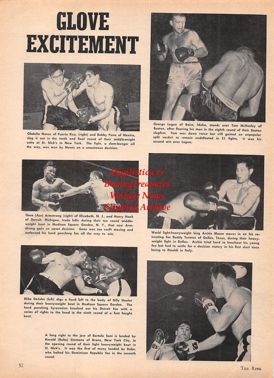 Boxing News Clipping #1600 - Obdulio Nunez, Bobby Pena, Ace Armstrong, Henry Hank, Mike DeJohn, Billy Hunter, George Logan, Tom McNeeley, Archie Moore, Buddy Turman, Bartolo Soni, Babe Simmons