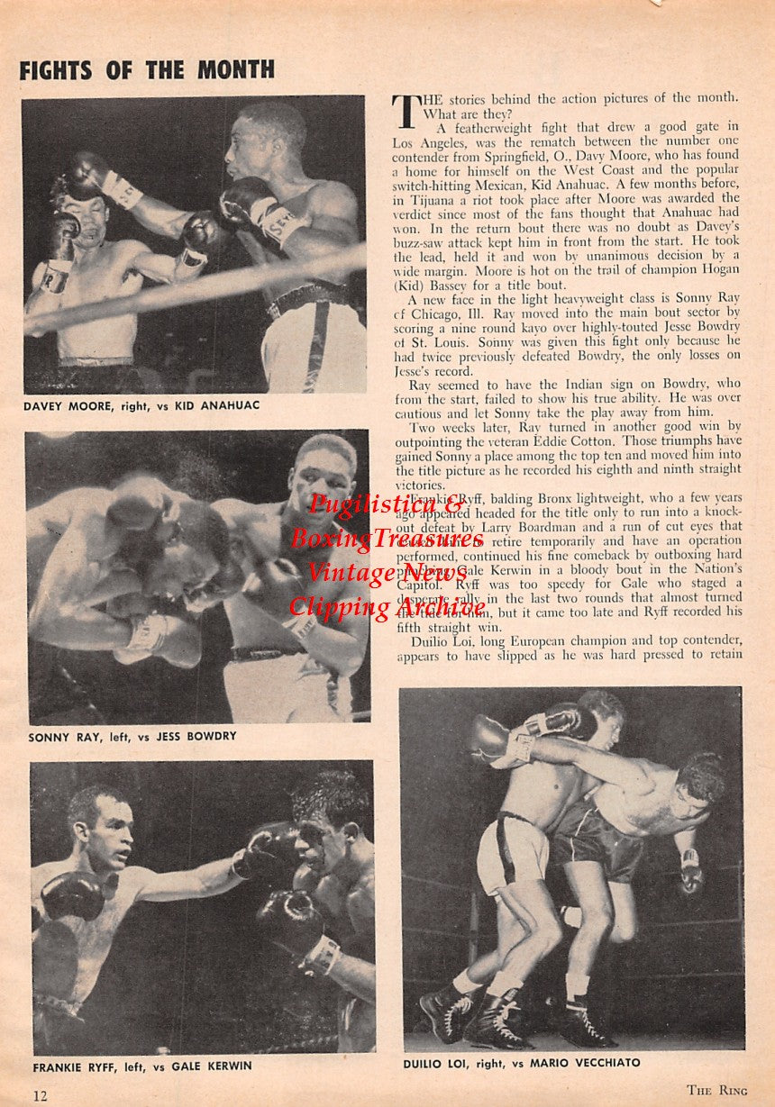 Boxing News Clipping #1611 - Davey Moore, Kid Anahuac, Sonny Ray, Jess Bowdry, Frankie Ryff, Gale Kerwin, Duilio Loi, Mario Vecchiato