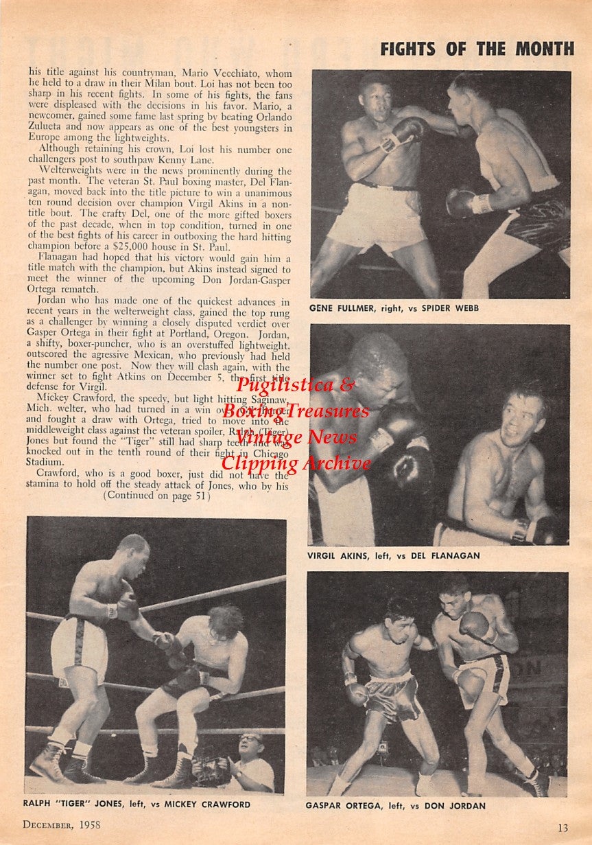 Boxing News Clipping #1612 - George Courtney, Tiger Jones, Mickey Crawford, Gene Fullmer, Spider Webb, Virgil Akins, Del Flanagan, Gaspar Ortega, Don Jordan