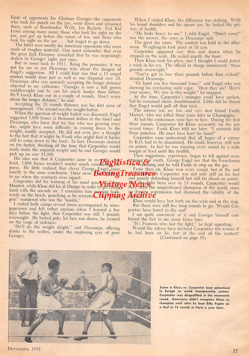 Boxing News Clipping #1614 - Erminio Spalla, Georges Carpentier vs. Frank Klaus