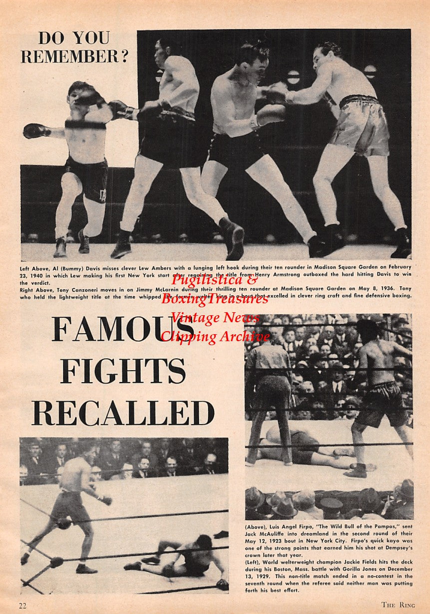 Boxing News Clipping #1616 - Al Bummy Davis, Lou Ambers, Tony Canzoneri, Jimmy McLarnin, Luis Angel Firpo, Jack McAuliffe, Jackie Fields, Gorilla Jones, Kid Gavilan, Chuck Davey