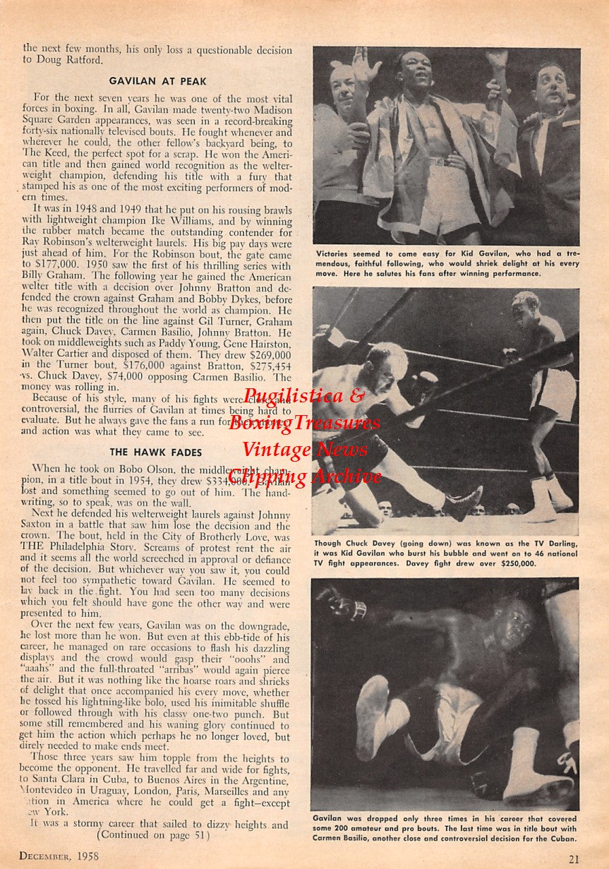 Boxing News Clipping #1616 - Al Bummy Davis, Lou Ambers, Tony Canzoneri, Jimmy McLarnin, Luis Angel Firpo, Jack McAuliffe, Jackie Fields, Gorilla Jones, Kid Gavilan, Chuck Davey