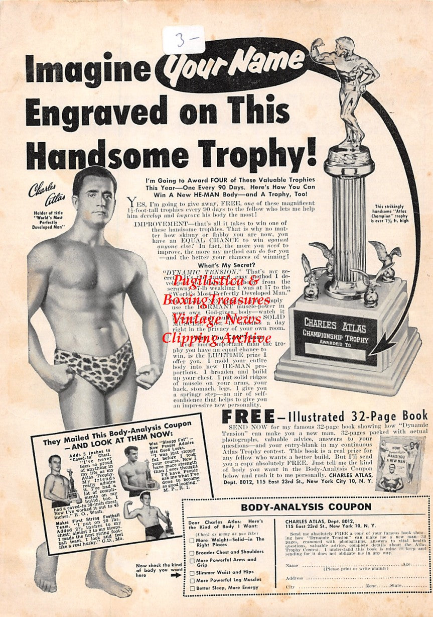 Boxing News Clipping #1629 - Jack Dempsey Everlast ad, Charles Atlas