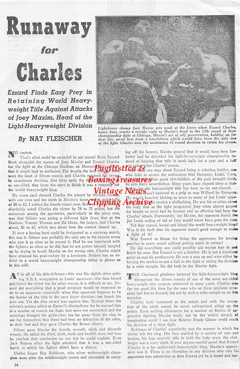 Boxing News Clipping #1642 - Joey Maxim vs. Ezzard Charles, James D. Norris