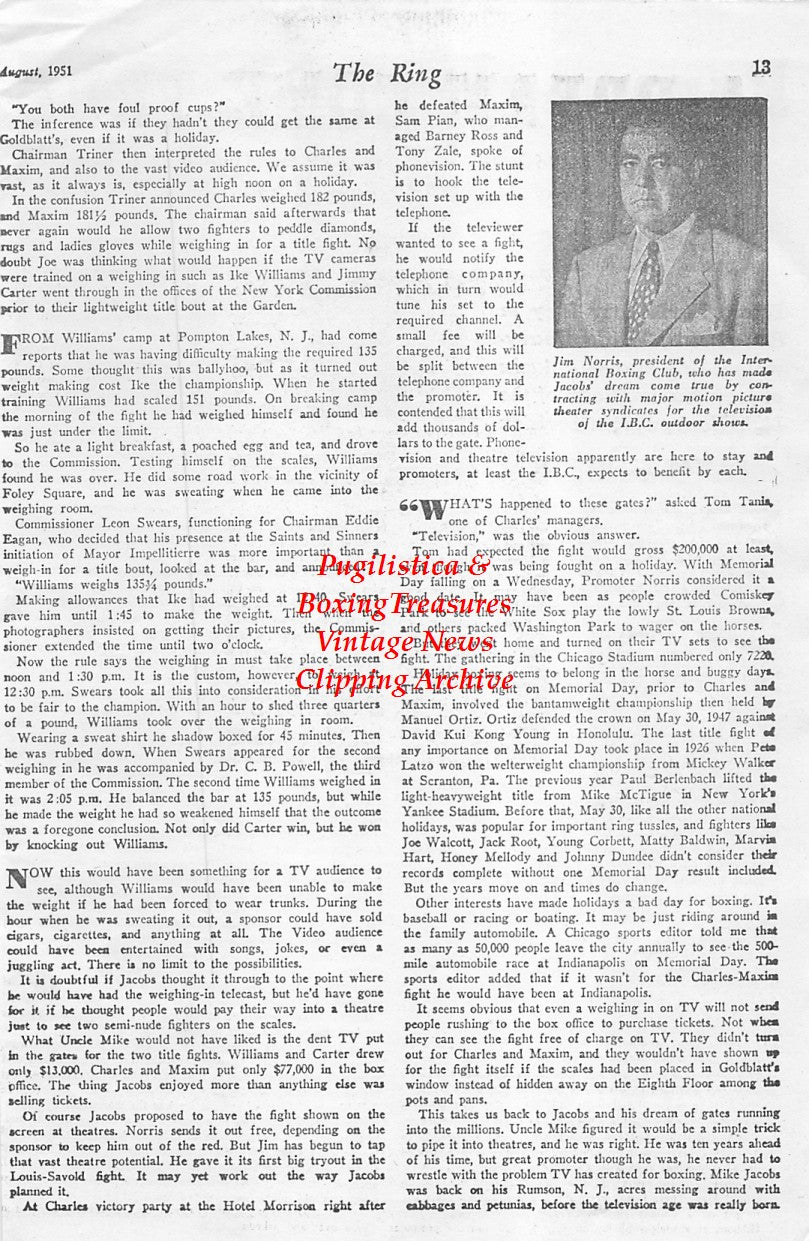 Boxing News Clipping #1642 - Joey Maxim vs. Ezzard Charles, James D. Norris