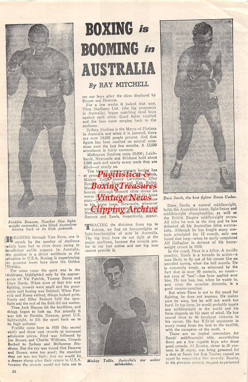 Boxing News Clipping #1647 - Freddie Dawson, Dave Sands, Mickey Tollis, Mike McTigue, Paul Berlenbach