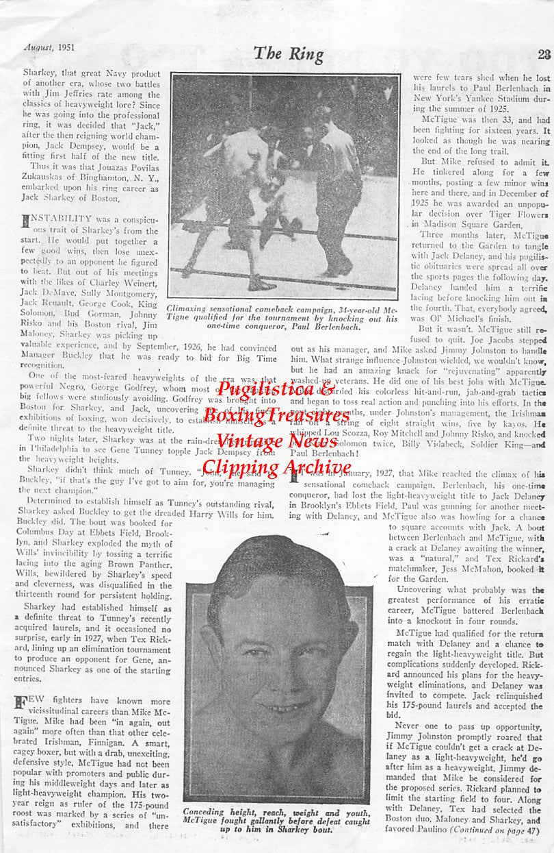 Boxing News Clipping #1647 - Freddie Dawson, Dave Sands, Mickey Tollis, Mike McTigue, Paul Berlenbach