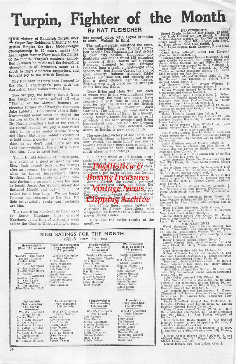 Boxing News Clipping #1652 - Randy Turpin vs. Sugar Ray Robinson