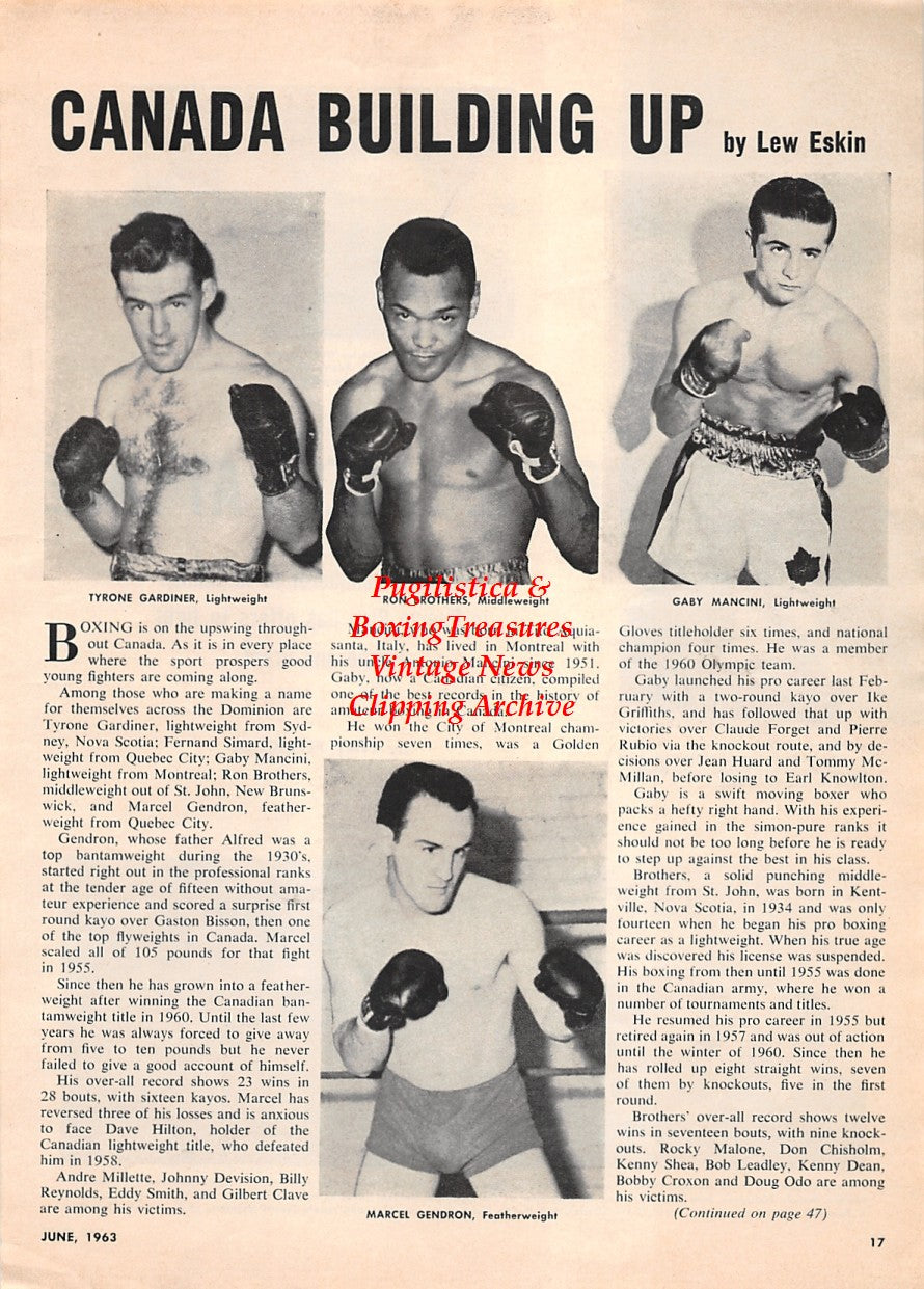 Boxing News Clipping #1667 - Tyrone Gardiner, Ron Brothers, Gaby Mancini, Marcel Gendron, Carlos Ortiz, Doug Vaillant, Sixto Escober, Jim Braddock and more