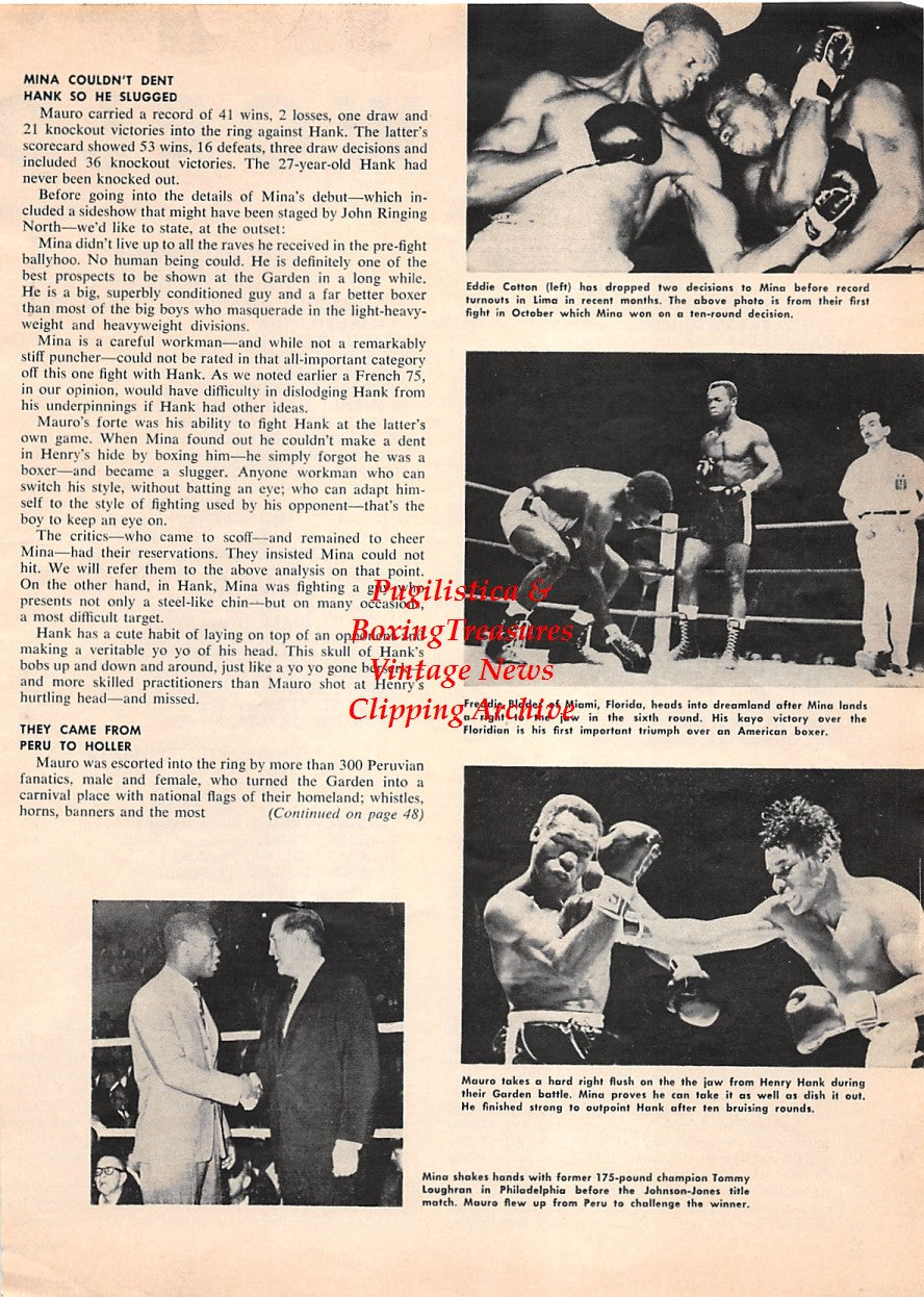 Boxing News Clipping #1669 - Eddie Cotton, Mauro Mina, Freddie Blades, Henry Hank, Tommy Loughran, Carlos Ortiz