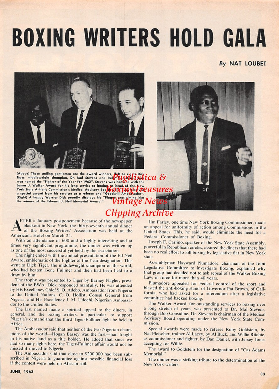 Boxing News Clipping #1673 - Dick Tiger, Dr. Mal Stevens, Ruby Goldstein, Olga Martinez, The Black Orchid