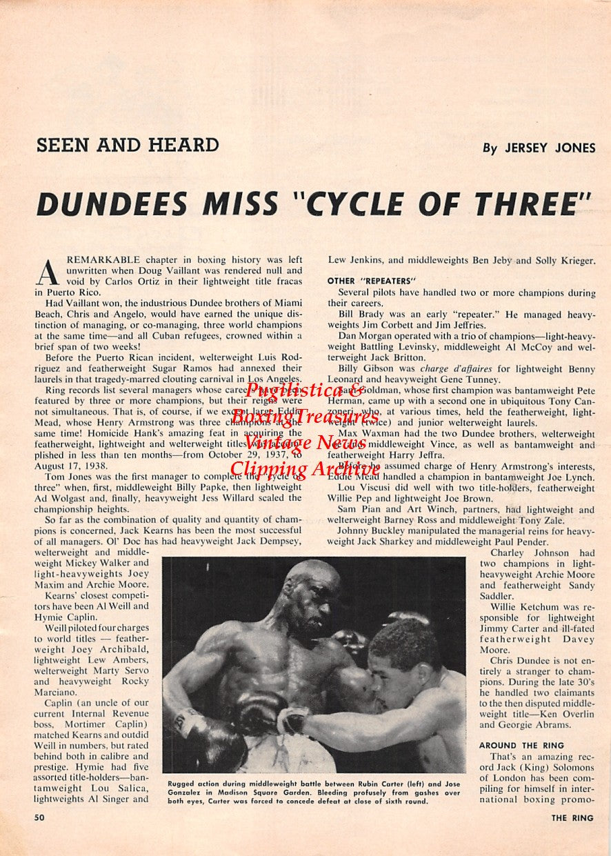 Boxing News Clipping #1675 - Rubin Hurricane Carter vs. Jose Gonzalez, Jack Dillon