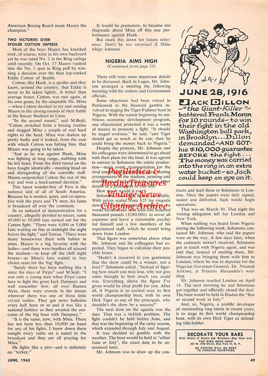 Boxing News Clipping #1675 - Rubin Hurricane Carter vs. Jose Gonzalez, Jack Dillon