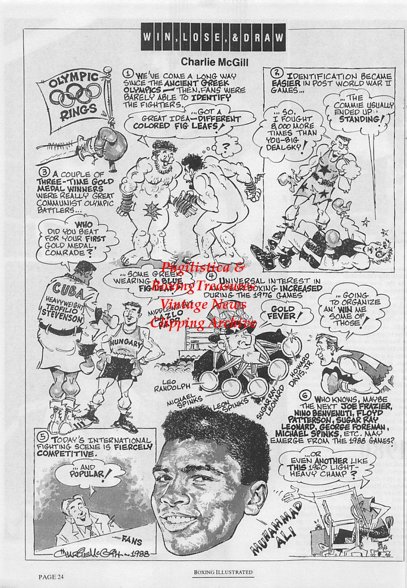 Boxing News Clipping #1690 - Joe Frazier & Evander Holyfield as Olympians, Olympic Boxing Cartoon by Charlie McGill
