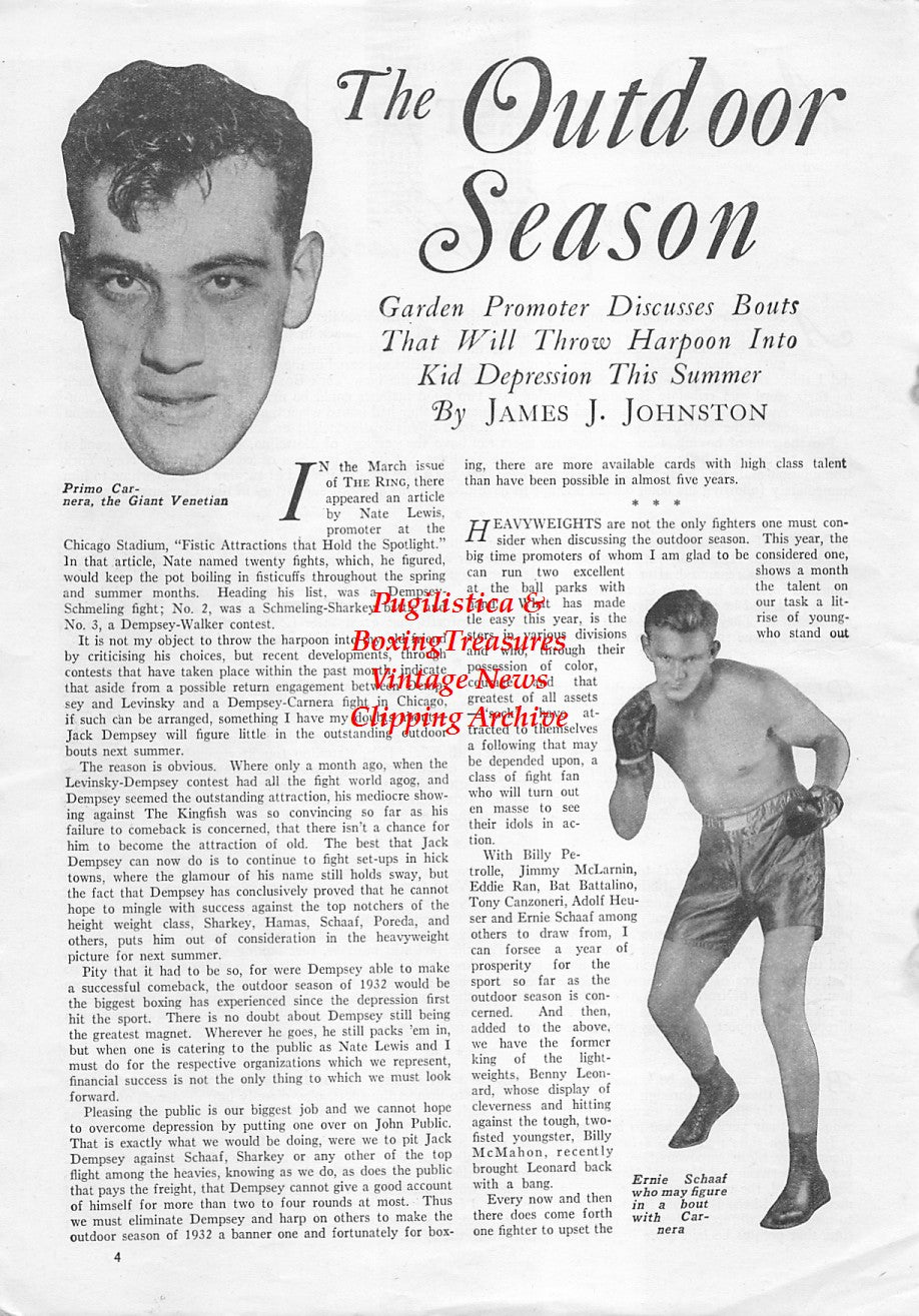 Boxing News Clipping #1719 - Ernie Schaaf, Primo Carnera