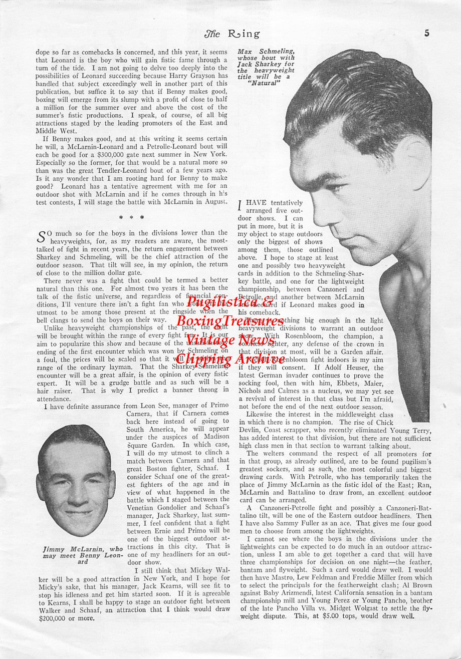 Boxing News Clipping #1720 - Max Schmeling, Jimmy McLarnin