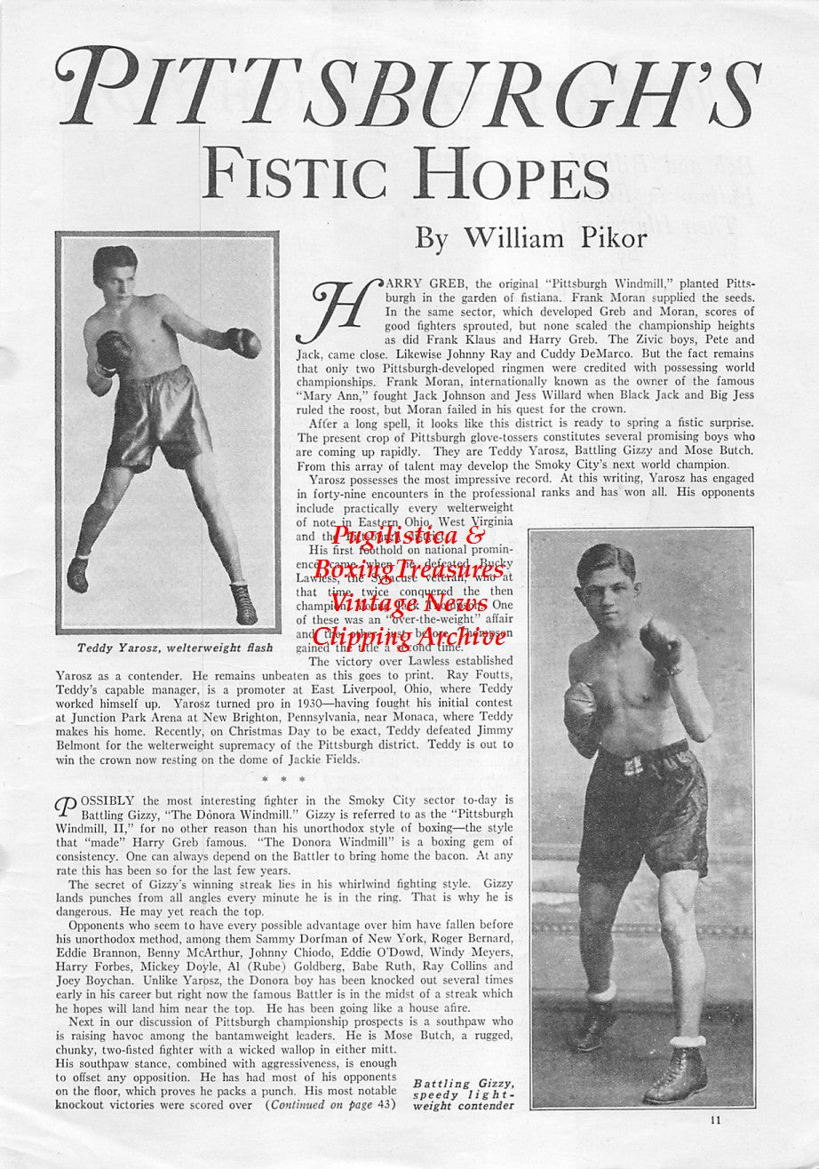 Boxing News Clipping #1723 - Teddy Yarosz, Battling Gizzy, Jack Britton, Bobby Britton