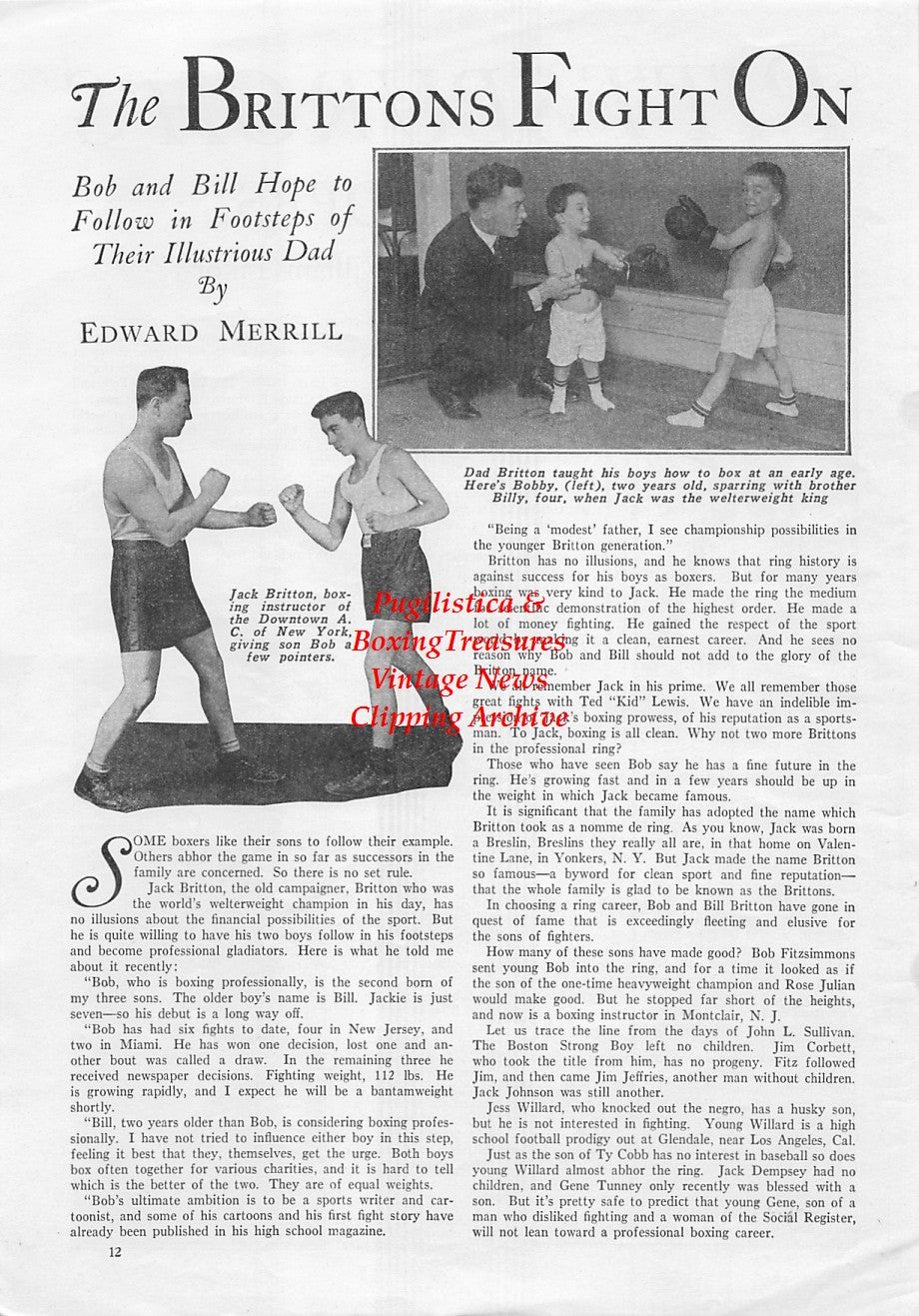 Boxing News Clipping #1723 - Teddy Yarosz, Battling Gizzy, Jack Britton, Bobby Britton