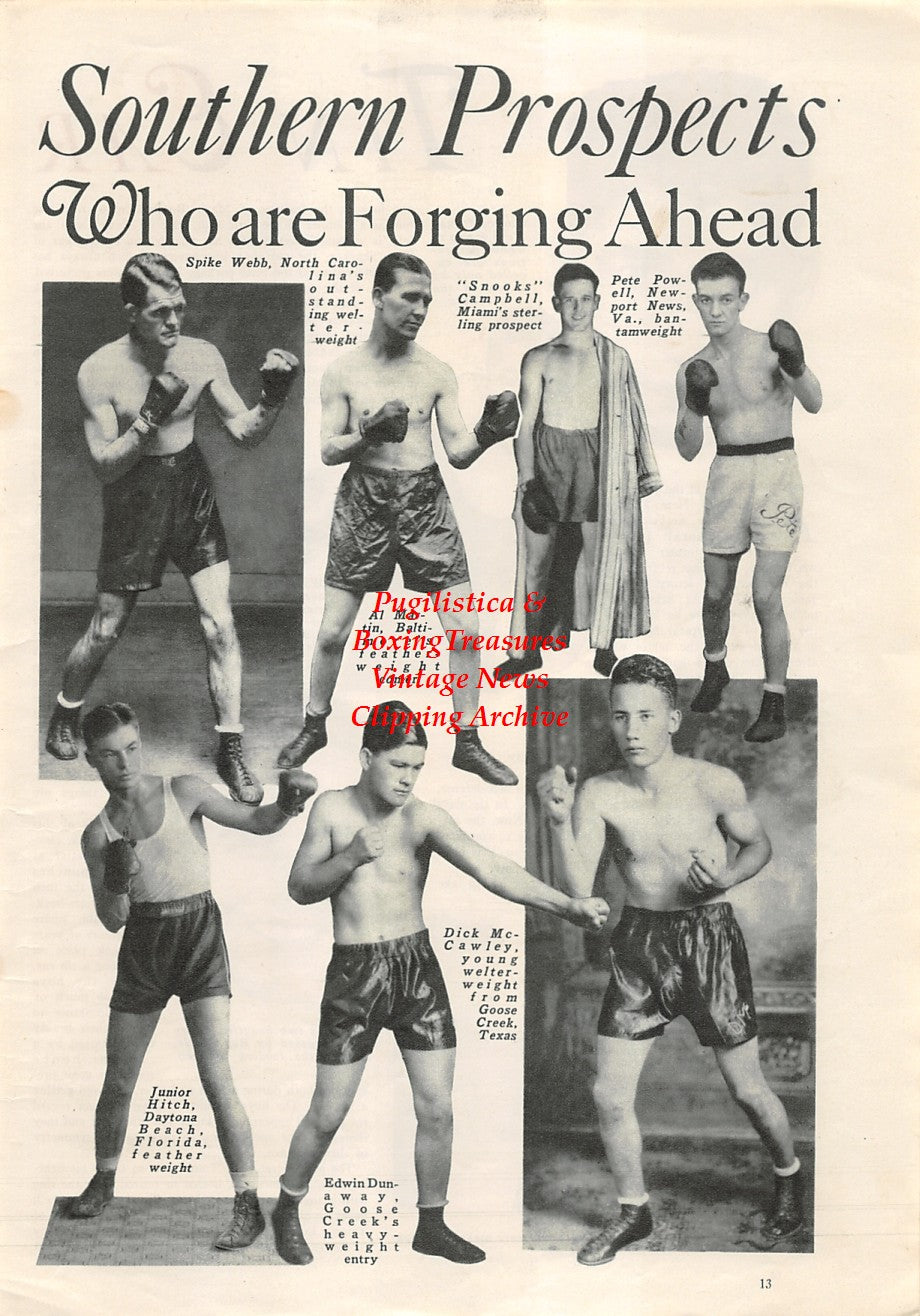 Boxing News Clipping #1724 - Spike Webb, Al Martin, Snooks Campbell, Pete Powell, Junior Hitch, Edwin Dunaway, Dick McCawley, Izzy Schwartz, Willie Jackson, Ray Steele, Kid Kaplan