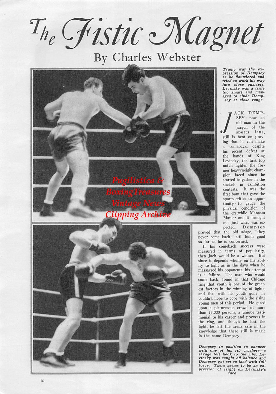 Boxing News Clipping #1725 - Jack Dempsey vs. King Levinsky, Jack Sherry, Johnny Dundee, Hans Steinke, Toots Mondt