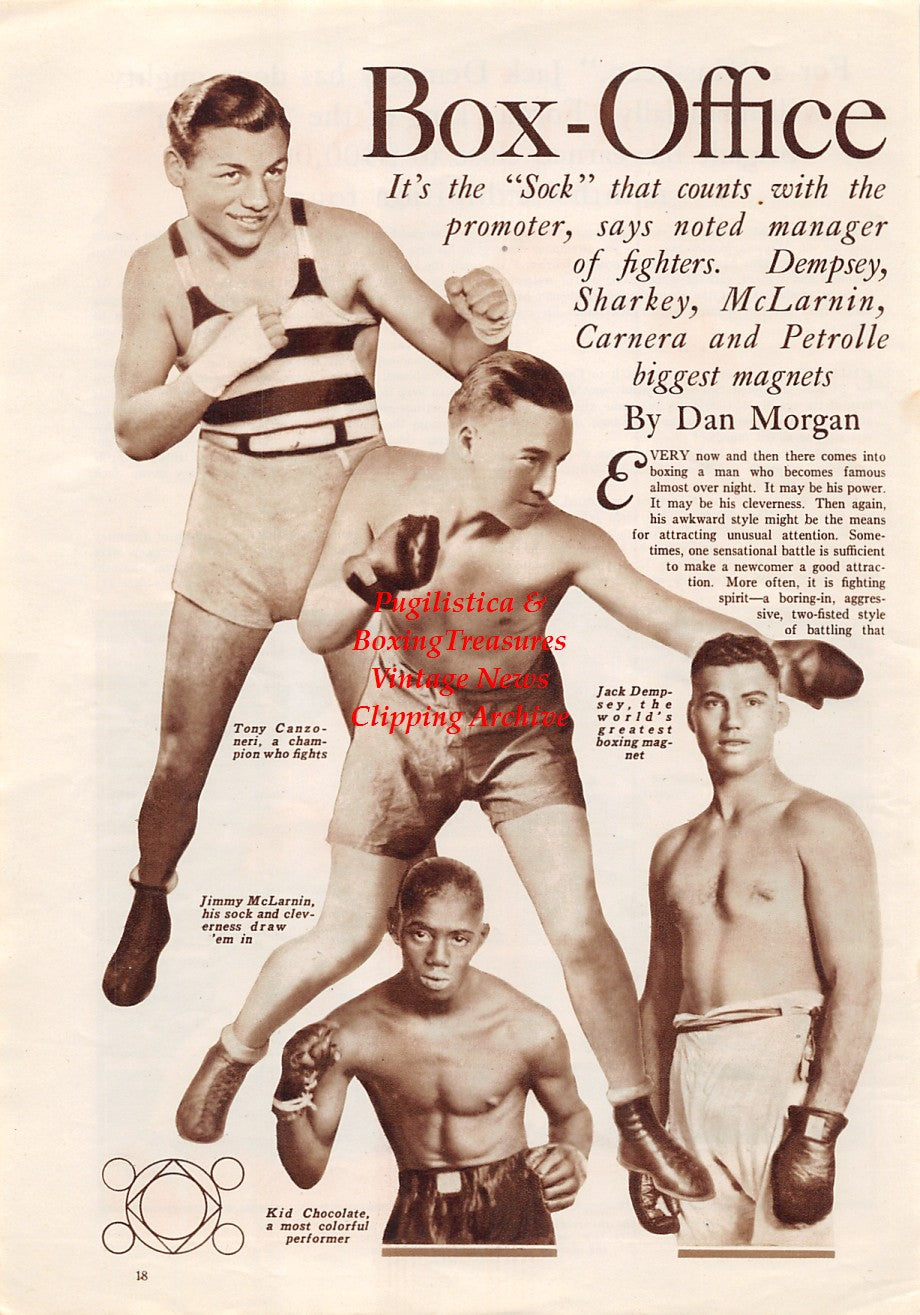 Boxing News Clipping #1726 - Tony Canzoneri, Jimmy McLarnin, Jack Dempsey, Kid Chocolate, King Levinsky